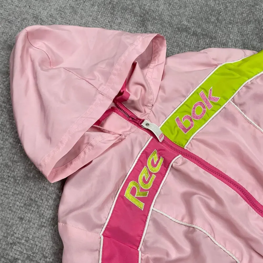 Reebok Toddler Girls Windbreaker Jacket 4T Pink Green Hooded Full Zip Retro y2k